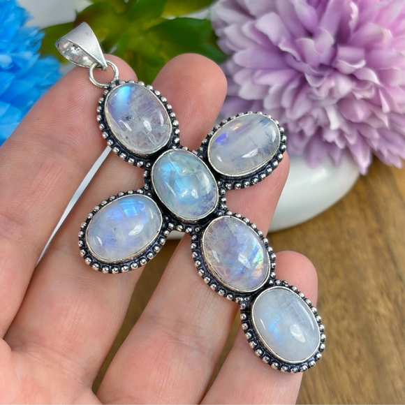 XL Rainbow Moonstone Cross Pendant Purple Blue Southwest Sterling 925 Overlay - Picture 1 of 6